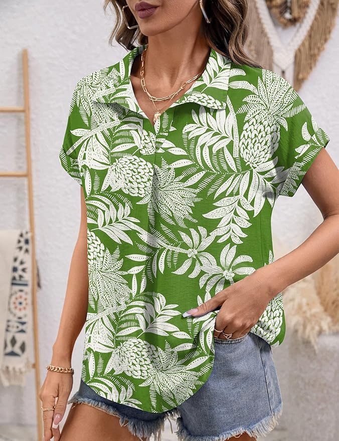 LOMON Women Blouses Spring Summer Tops for Women 2026 Short Sleeve V Neck Dressy Casual Collared Shirts Work Office