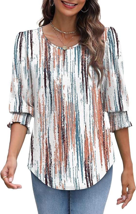 XIEERDUO Blouses for Women Dressy Casual 3/4 Length Sleeve Womens Tops with Smocked Cuffs