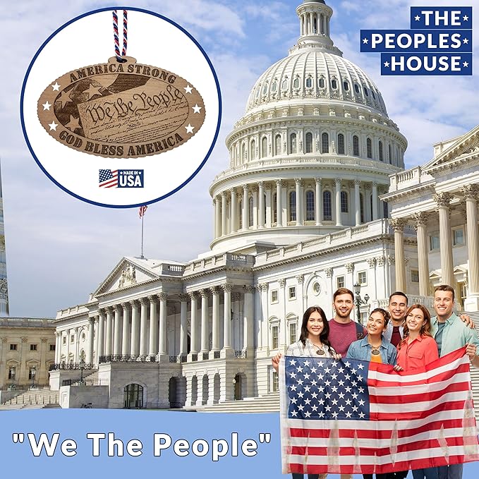 Jolette Designs US Constitutional Ornament - We The People Patriotic Accessory - American Christmas Ornaments - Wooden Circle Ornaments for Home, Car - Unique Decorations with Natural Wood Finish