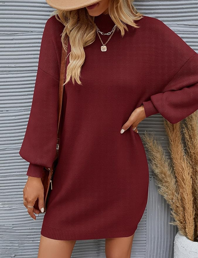 ZESICA Women's 2026 Fall Turtleneck Sweater Dress Oversized Long Lantern Sleeve Casual Knit Pullover Mini Dresses