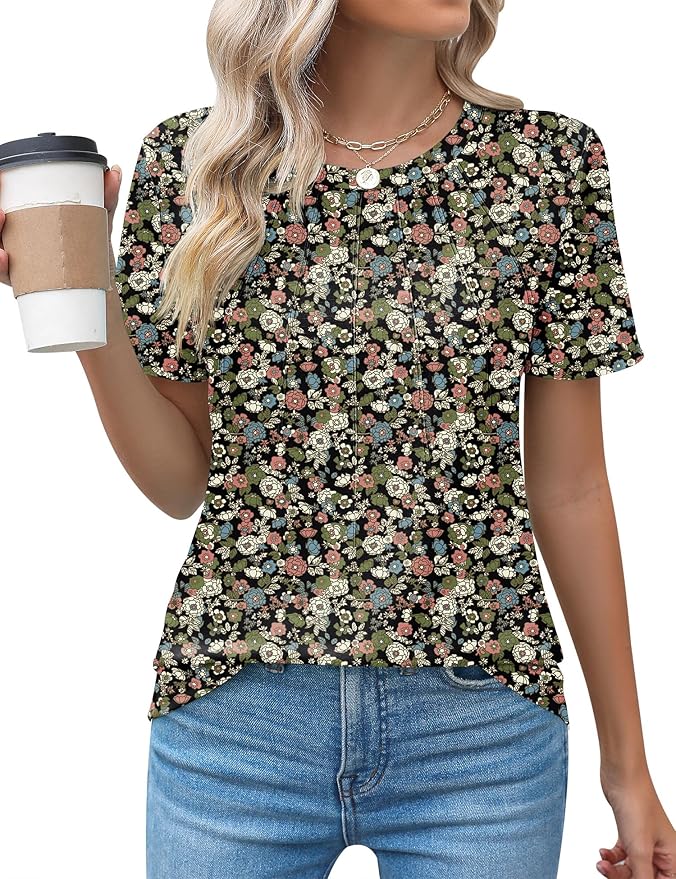 Kistore Womens Casual Crew Neck Short Sleeve Pleated Tops Blouses Fashion Clothes 2026