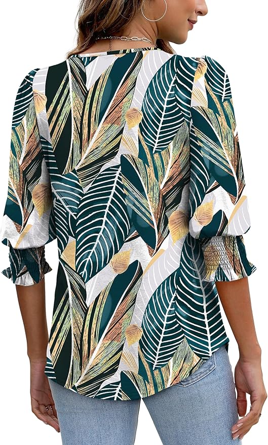 XIEERDUO Blouses for Women Dressy Casual 3/4 Length Sleeve Womens Tops with Smocked Cuffs