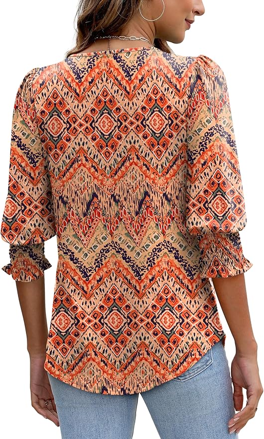 XIEERDUO Blouses for Women Dressy Casual 3/4 Length Sleeve Womens Tops with Smocked Cuffs