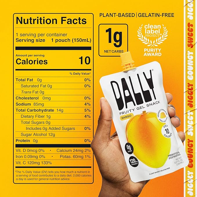 Dally Mango Drinkable Konjac Jelly (10 Pouches) – 10-Calorie, Zero Sugar Korean Fruit Snack – Prebiotics & Postbiotics for Skin, Immune & Weight Management