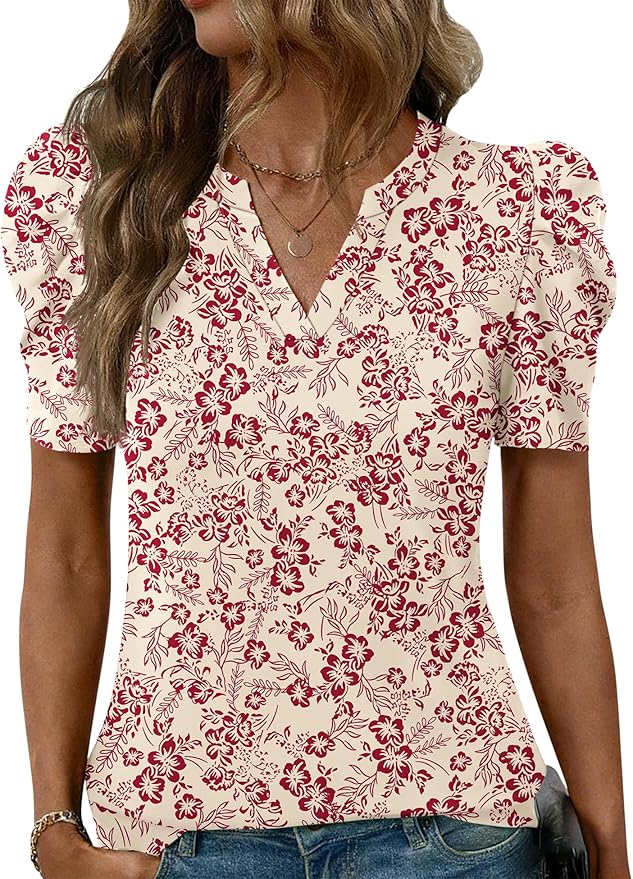 Lomon Spring Summer Tops for Women 2026 V Neck Puff Short Sleeve Tops Fashion Trendy Work Blouses Dressy Casual S-XXL