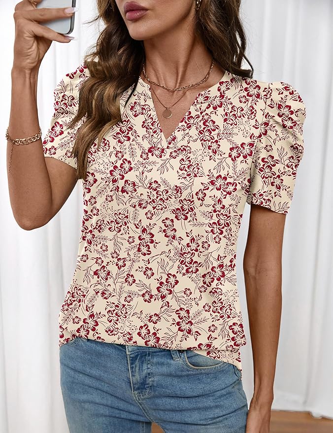 Lomon Spring Summer Tops for Women 2026 V Neck Puff Short Sleeve Tops Fashion Trendy Work Blouses Dressy Casual S-XXL