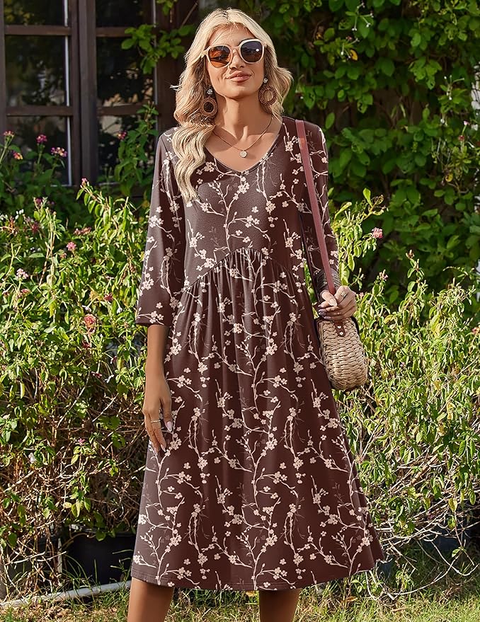 ZEAGOO 3/4 Sleeve Women's Dress Casual Flowy A-Line Midi Tshirt Dresses with Pocket Empire Waist Summer Boho Beach Sundress