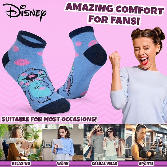 Disney Stitch Ankle Socks for Women, Teens US Size 4–9, Pack of 5 Casual Ladies Socks, Gifts for Her