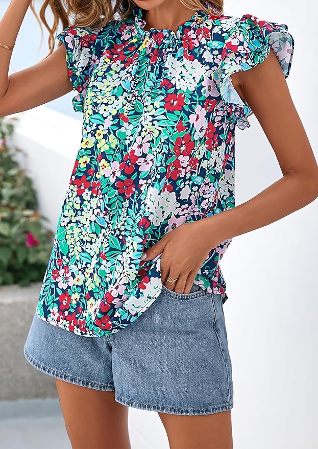 PRETTYGARDEN Women's Ruffle Short Sleeve Summer Tops 2026 Trendy Floral Trim Neck Casual Dressy Chiffon Boho Blouses Shirts