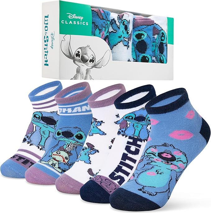 Disney Stitch Ankle Socks for Women, Teens US Size 4–9, Pack of 5 Casual Ladies Socks, Gifts for Her