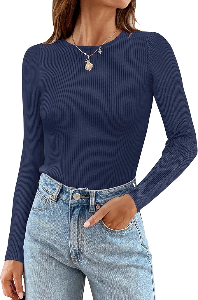 ZESICA Women's Long Sleeve Crewneck Shirts 2026 Fall Ribbed Knit Sweater Slim Fitted Casual Basic Tee Tops