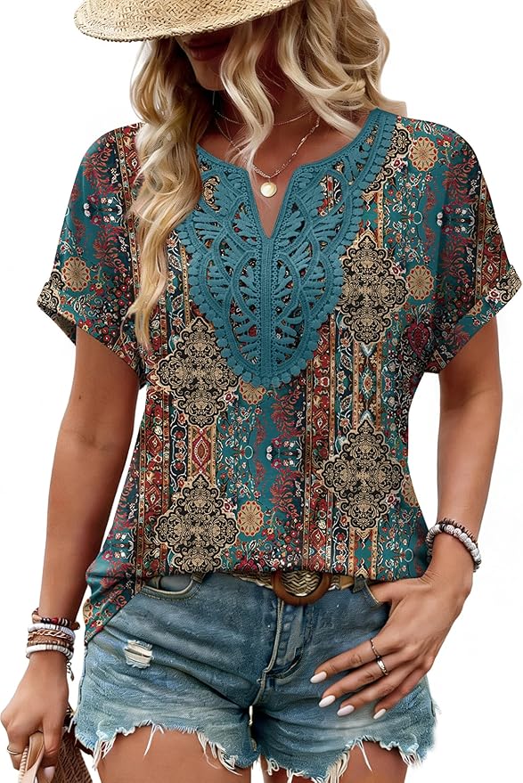 Sipaya Womens Blouses Dressy Casual Summer Shirts Short Sleeve Lace Front Boho Tunic Tops for Leggings Fashion Clothes