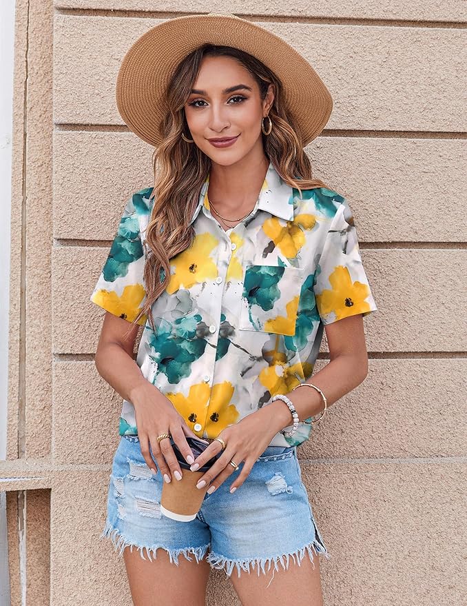 Zeagoo Womens Button Down Shirt Bust Pocket Short Sleeve Blouses Business Casual Work Tops Summer Outfits