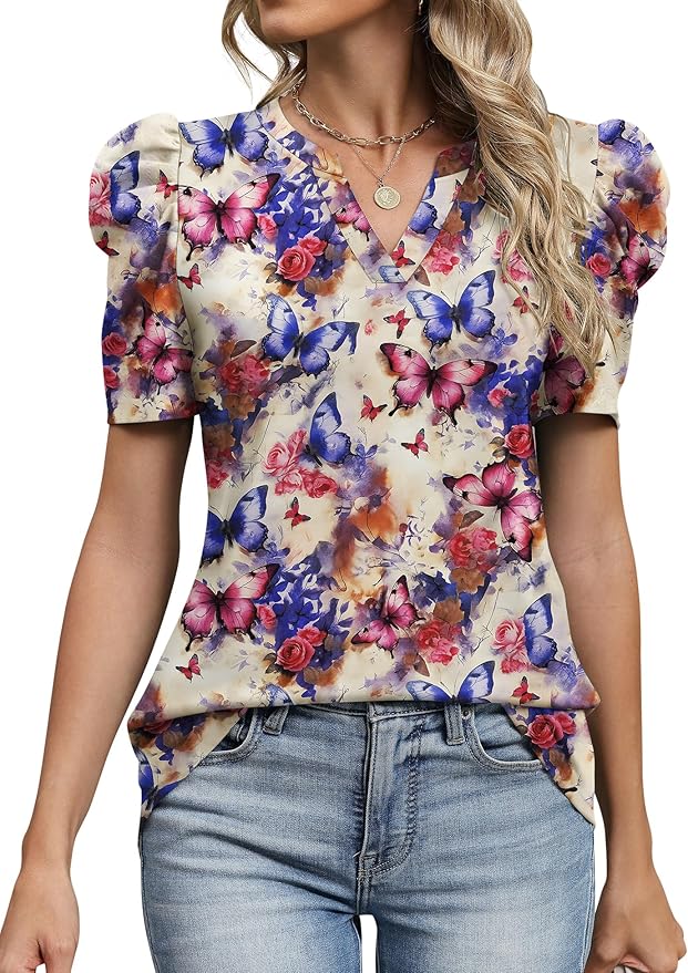 Lomon Spring Summer Tops for Women 2026 V Neck Puff Short Sleeve Tops Fashion Trendy Work Blouses Dressy Casual S-XXL