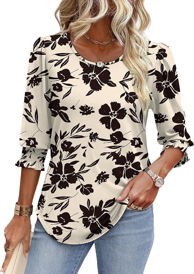 XIEERDUO Blouses for Women Dressy Casual 3/4 Length Sleeve Womens Tops with Smocked Cuffs