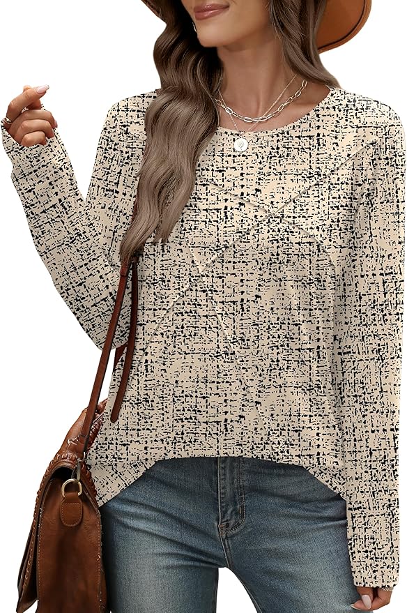 XIEERDUO Long Sleeve Shirts for Women Business Casual Tops Trendy Crewneck Fall T Shirts Pleated Loose Fit