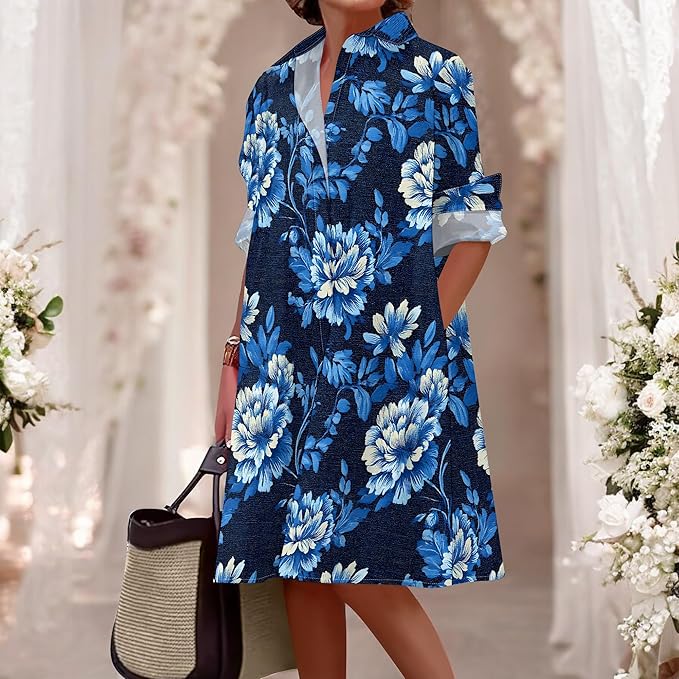 Shirt Dresses for Women 2025 Summer Long Sleeve Casual Plus Size Floral Printed Beach Vacation Dress with Pockets