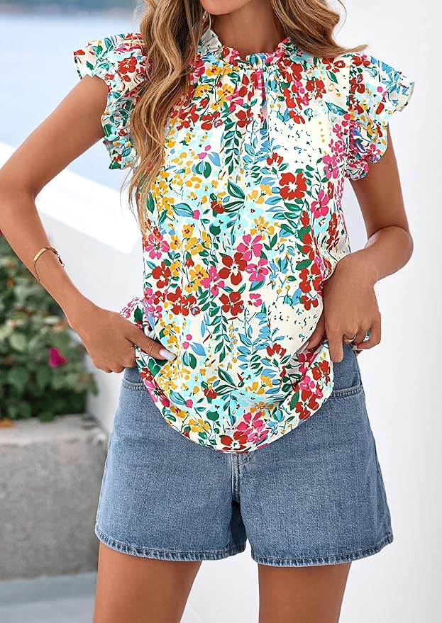 PRETTYGARDEN Women's Ruffle Short Sleeve Summer Tops 2026 Trendy Floral Trim Neck Casual Dressy Chiffon Boho Blouses Shirts