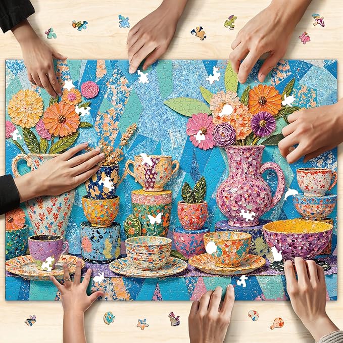 Naturelish Vibrant Teapot Ceramic Collage Jigsaw Puzzles for Adults 1000 Pieces, Irregularly Shaped Difficult Puzzles Perfect for Game Night, Great Gift Idea, Size 26.65 x 19.25 in