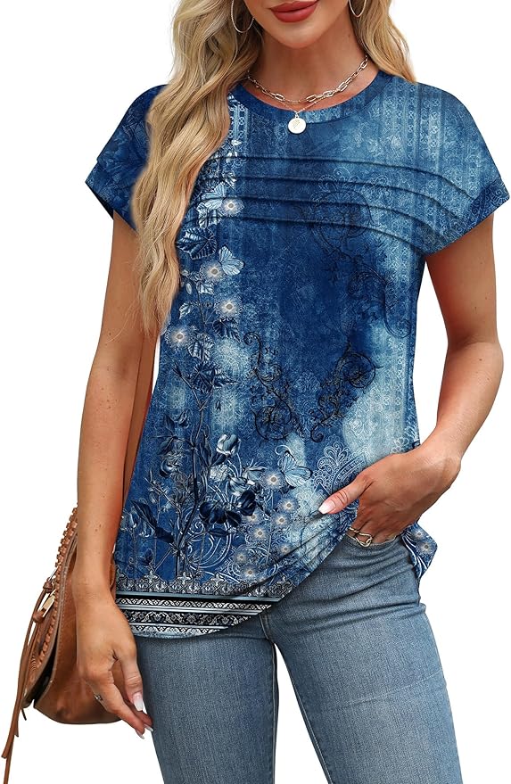 WEESO Womens Summer Tops Trendy 2026 Cap Sleeve T Shirts Crew Neck Pleated Front Beach Vacation Clothes Fashion
