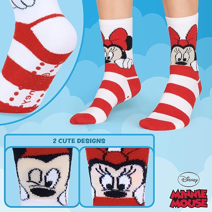 Disney Slippers Socks for Women & Teens US Size 4-9, Pack of 2 Non Slip Fleece Winter Socks, Soft & Fluffy, Gifts for Her