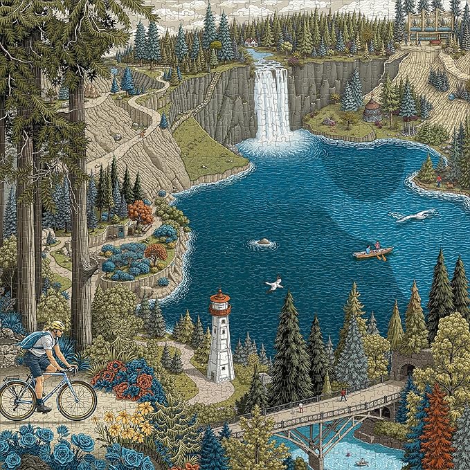 Naturelish 1000-Piece Jigsaw Puzzle for Adults, Oregon Landmarks Scene with Waterfall, Lighthouse, Forest Trail, Challenging & Vibrant Artwork, 22.5 x 22.5 in