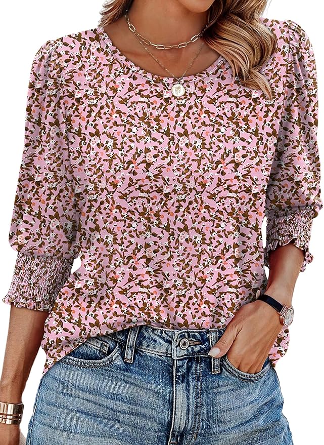 XIEERDUO Blouses for Women Dressy Casual 3/4 Length Sleeve Womens Tops with Smocked Cuffs