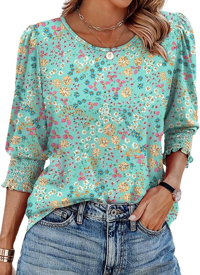 XIEERDUO Blouses for Women Dressy Casual 3/4 Length Sleeve Womens Tops with Smocked Cuffs