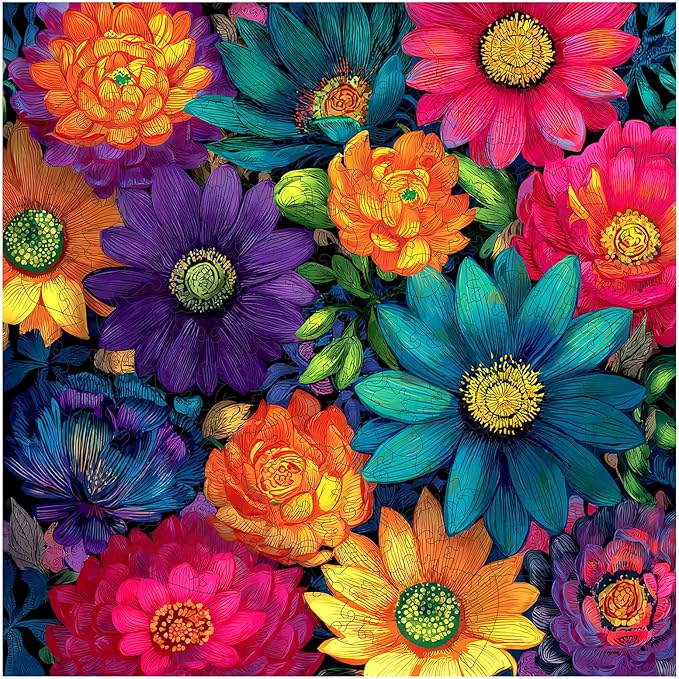 MEATRN Multicolor Chrysanthemum Wooden Puzzles for Adults 200 Pcs, 11.2x11.2 in, Fun Educational Wood Puzzle, Handmade Decorative Gift, Relaxing Wood Puzzle Game for Family