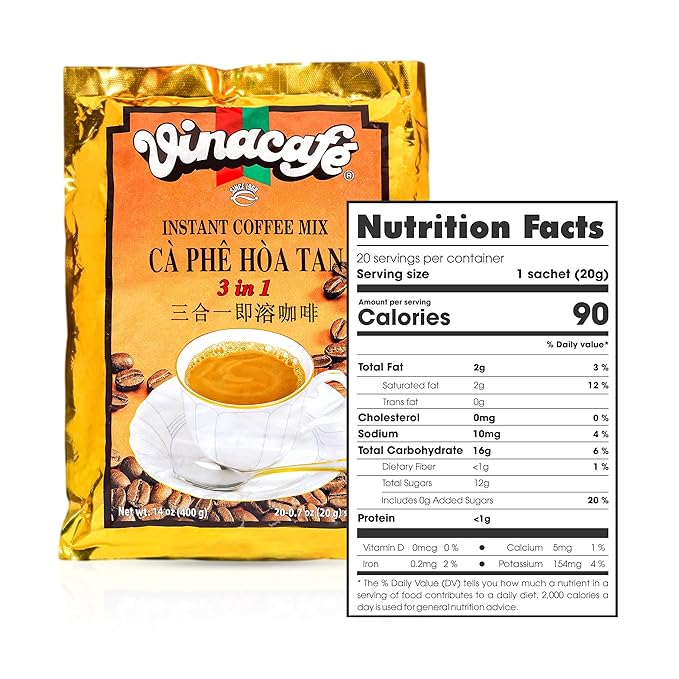 Vinacafe 400 Cts Vietnamese Instant Coffee Mix 3 in 1 Single Serves (Pack of 20 | 20 Sachets Per Bag) Balanced Medium Roast Coffee Mix for Quick Preparation at Home, Office or Travel, Single Serve Sachets
