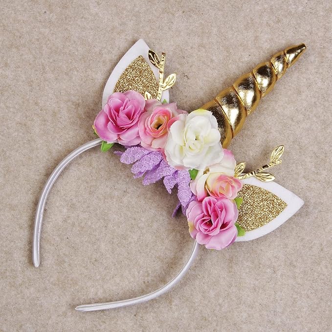 Nishine Unicorn Horn Floral Headband Glitter Ears Pony Head Bands Tiara for Girls Party Birthday Cosplay