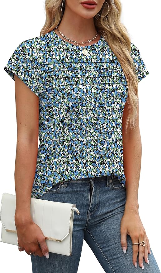 WEESO Womens Summer Tops Trendy 2026 Cap Sleeve T Shirts Crew Neck Pleated Front Beach Vacation Clothes Fashion