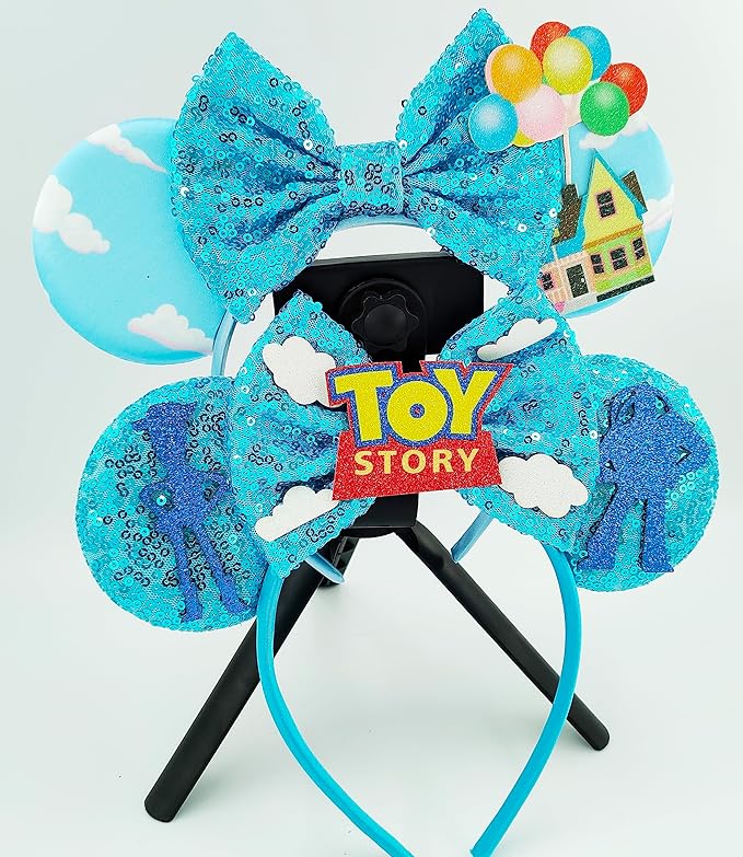 WW-WONDERFULWORLD Mouse Ears Headbands with Shiny Blue Bows, for Costume Cosplay Glitter Party, Sky + Balloon + House; 2QQ