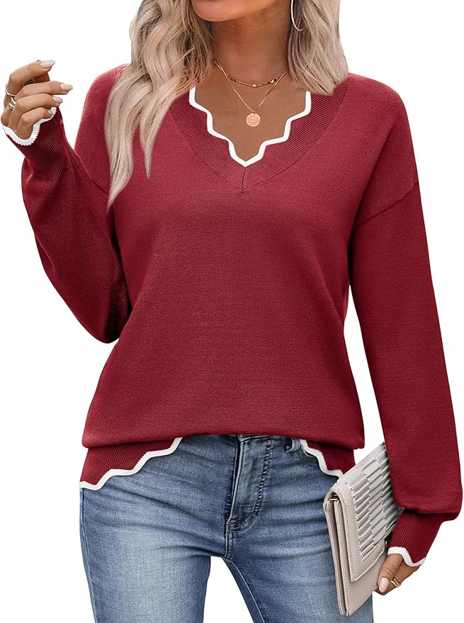 Zeagoo Women's 2026 Fall V Neck Sweater Casual Long Sleeve Lightweight Ribbed Knit Pullover Sweaters Dressy Casual Tops