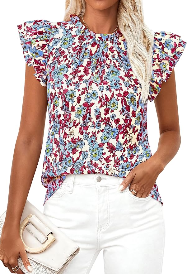 PRETTYGARDEN Women's Ruffle Short Sleeve Summer Tops 2026 Trendy Floral Trim Neck Casual Dressy Chiffon Boho Blouses Shirts