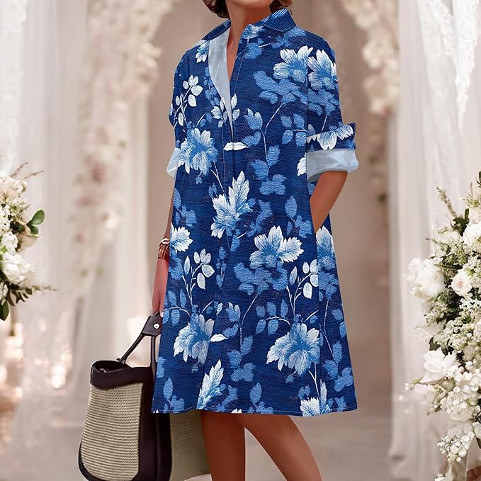 Shirt Dresses for Women 2025 Summer Long Sleeve Casual Plus Size Floral Printed Beach Vacation Dress with Pockets