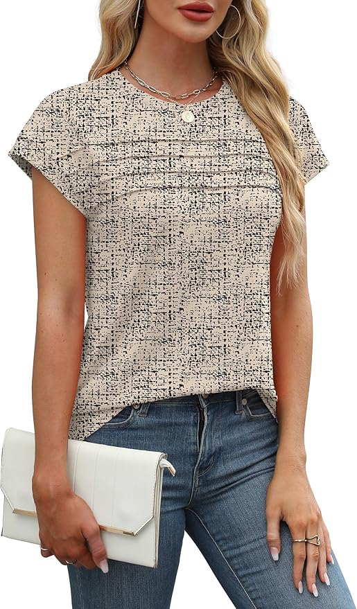 WEESO Womens Summer Tops Trendy 2026 Cap Sleeve T Shirts Crew Neck Pleated Front Beach Vacation Clothes Fashion