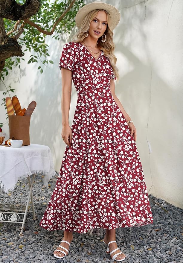 AUSELILY Maxi Dresses for Women Ankle Length Floral Print Beach Long Flowy Dress with Pockets