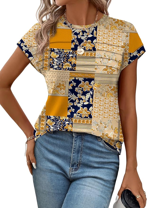 WEESO Womens Summer Tops Trendy 2026 Cap Sleeve T Shirts Crew Neck Pleated Front Beach Vacation Clothes Fashion