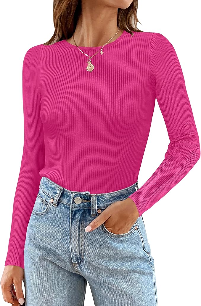 ZESICA Women's Long Sleeve Crewneck Shirts 2026 Fall Ribbed Knit Sweater Slim Fitted Casual Basic Tee Tops