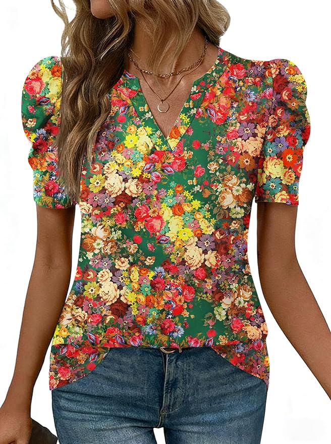 Lomon Spring Summer Tops for Women 2026 V Neck Puff Short Sleeve Tops Fashion Trendy Work Blouses Dressy Casual S-XXL