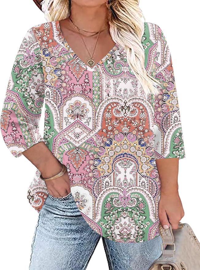 TFSDOD Womens Plus Size Tops V Neck T Shirts 3/4 Sleeve Blouse Summer Casual Tees XL-5X