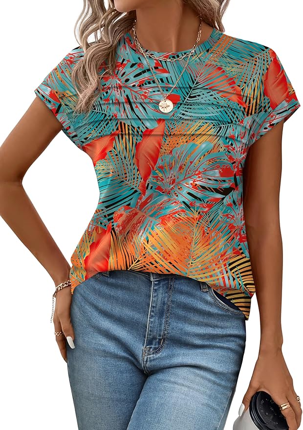 WEESO Womens Summer Tops Trendy 2026 Cap Sleeve T Shirts Crew Neck Pleated Front Beach Vacation Clothes Fashion