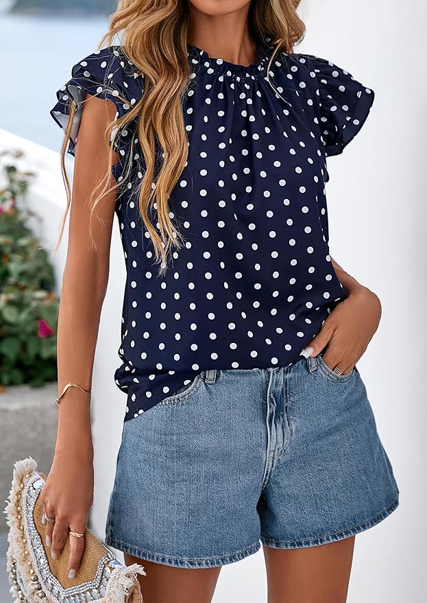PRETTYGARDEN Women's Ruffle Short Sleeve Summer Tops 2026 Trendy Floral Trim Neck Casual Dressy Chiffon Boho Blouses Shirts