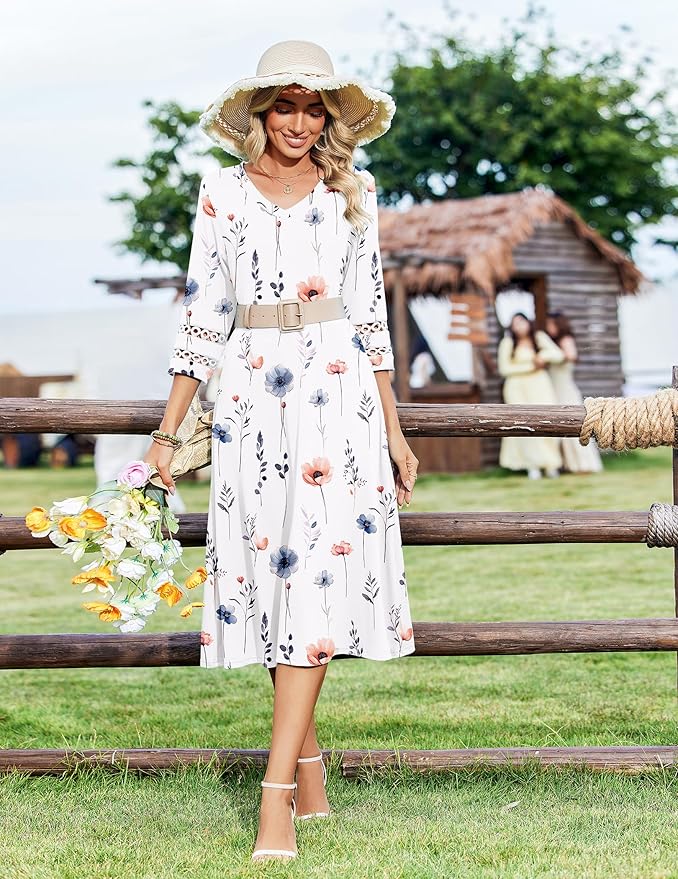 Zeagoo Women's Dresses 3/4 Sleeve Summer Casual V-Neck A Line Flowy Eyelet Midi Dress for Women Beach Vacation Sundress
