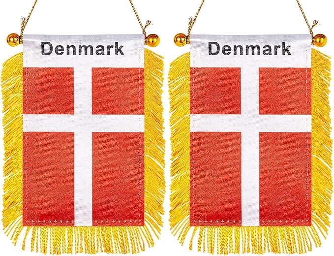 ZXvZYT 3 X 5 Inch Denmark Window Hanging Flag Danish Small Mini Car Flags Banners Rearview Mirror Decoration - with Suction Cup & Golden Fringy Banner(2 Pack)