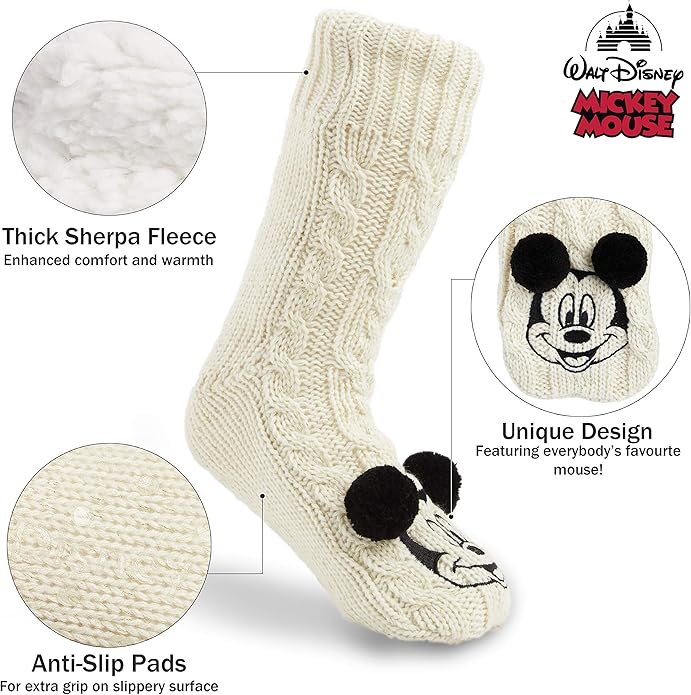 Disney Socks for Women Teens, US Size 4-9, Non Slip & Fluffy Fleece Slipper Socks, Soft, Warm, Breathable, Gifts for Her