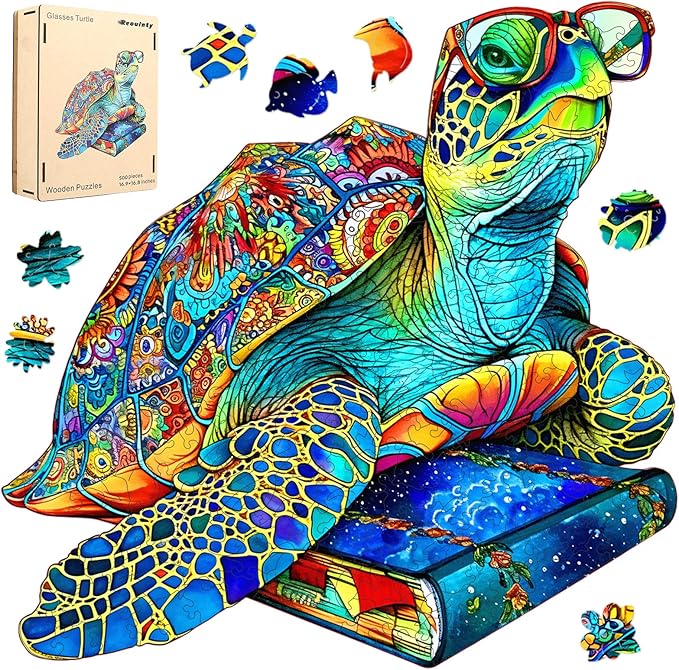Reouinty Wooden Puzzles for Adults 500 Pieces, Glasses Sea Turtle Deep Blue Jigsaw Puzzles, Unique Shape Animal Adult Puzzles, Irregular Wood Puzzles Best Gift for Adults Family Game(16.9 * 16.8 in)