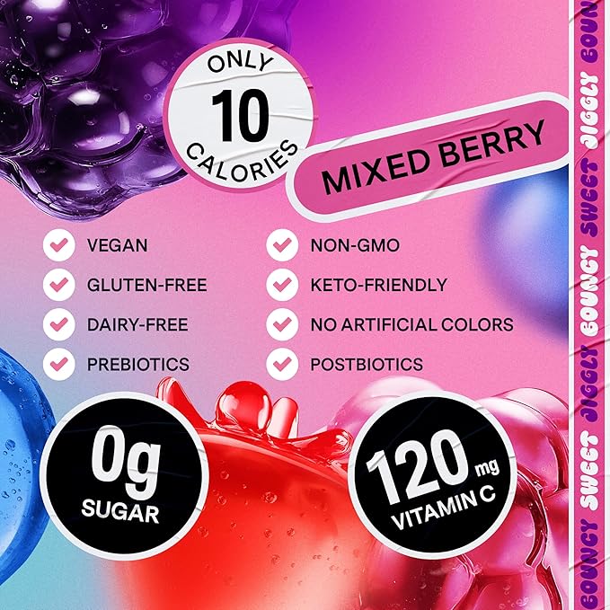 DALLY Mixed Berry Konjac Jelly Pouch (10 Pack) - Plant Based, Zero Sugar, Low-Calorie Jellified Fruit Snack - Vitamin C & Prebiotic Postbiotic Blend - Konjac Jelly Snack for Skin & Weight Management