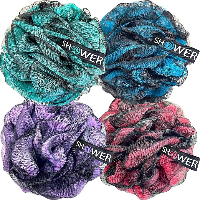 SHOWER BOUQUET Loofah-Charcoal Bath-Sponge XL-Color-4-Pack // Extra Large 75g Soft Mesh Black Luffa Loofa Loufa Puff Set/Exfoliating Body Scrubber for Women and Men - Exfoliate & Soothe Face & Body